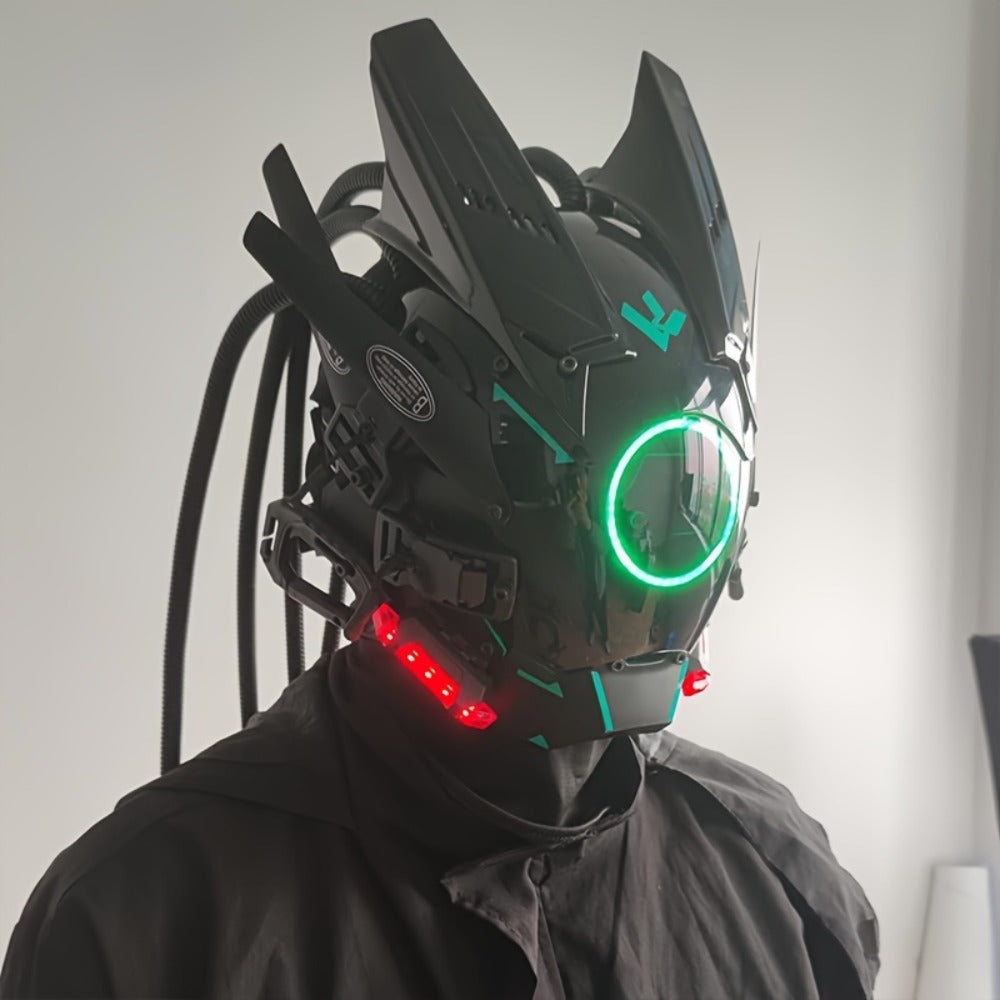 LED Braided Cyberpunk Costume Helmet with Circular Face Light and Blue, Green or Pink Accent Styles