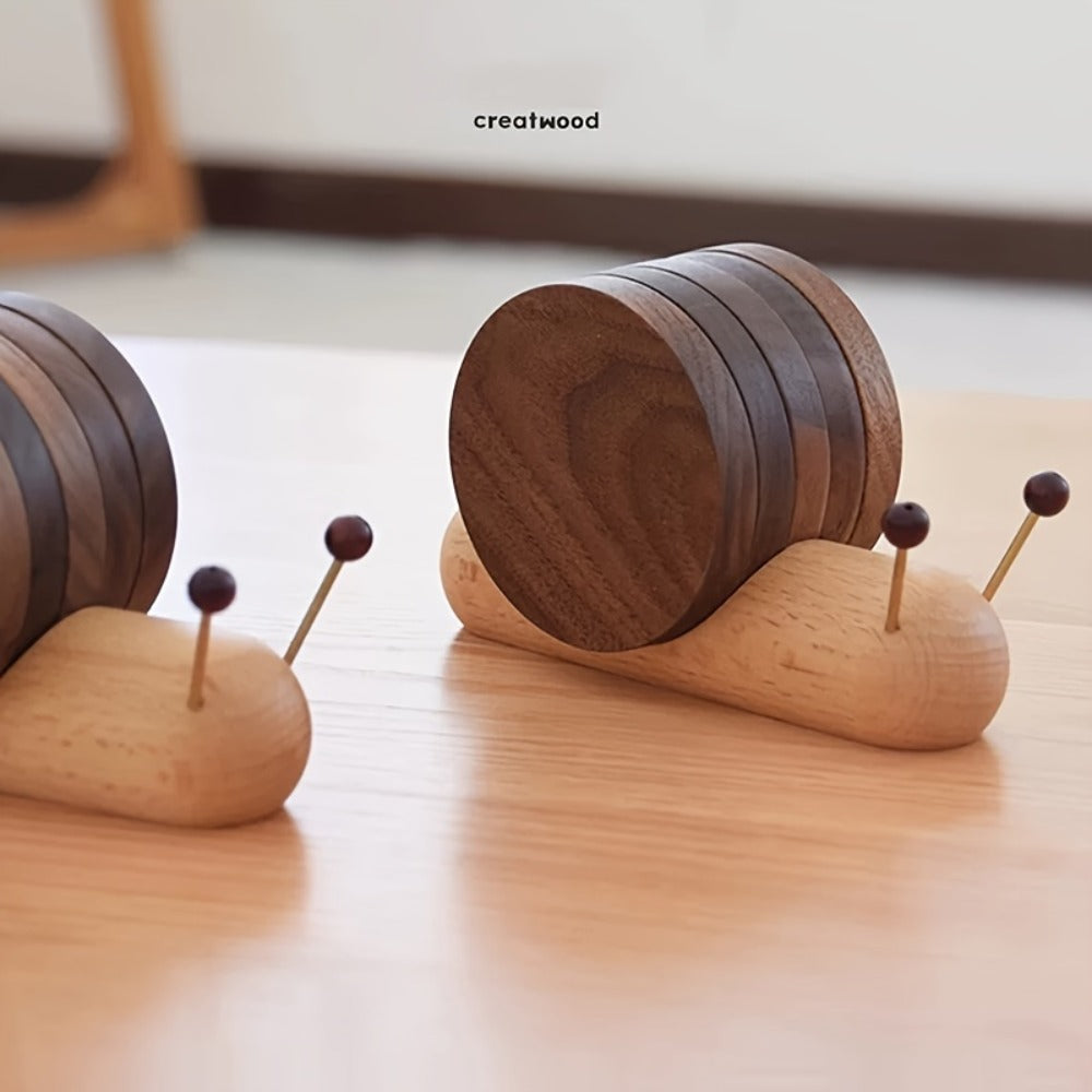 Snail-Shaped Wooden Desk Coaster with Round Walnut-Look Pad and Natural Wood Holder, One-Piece Option