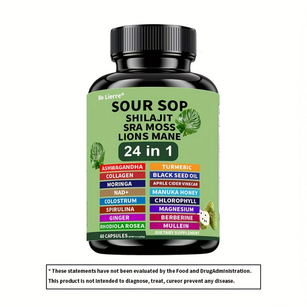Dietary Supplement Sea Moss 24-in-1 Capsules with Soursop, Lion’s Mane and Shilajit, One or Two Bottles