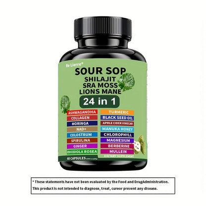 Dietary Supplement Sea Moss 24-in-1 Capsules with Soursop, Lion’s Mane and Shilajit, One or Two Bottles