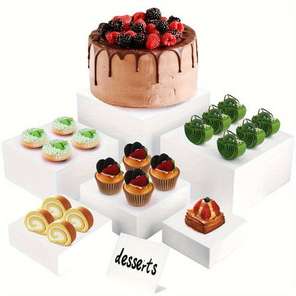 Display Stands 6pcs Five-Sided Square Buffet Risers - White Transparent Dessert Cake Display Storage Rack for Party Wedding Catering Retail Boutique Gallery Home Decor