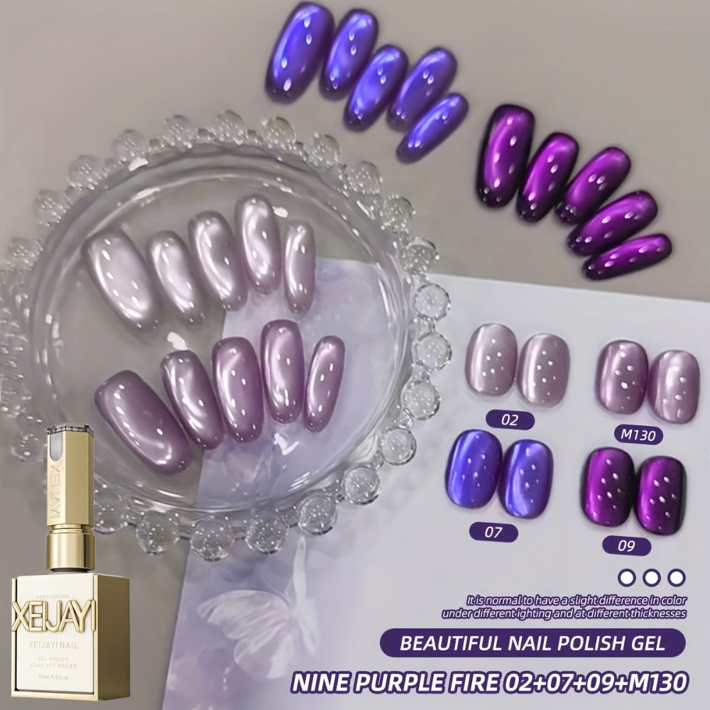 Gel Nail Polish Set with XEIJAYI Label, 4 Purple Iridescent Cat Eye Colors and M130 Gel Shade