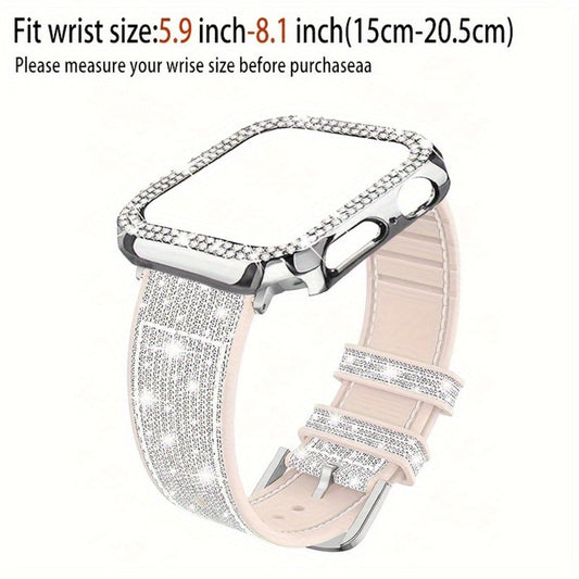 Apple Watch Band with Case Crystal Rhinestone Bling, Chameleon Color-Shift Strap + Shockproof Hard PC Cover, Compatible with Apple Watch Series 1-9 SE Ultra 38mm to 49mm S10 – Rose Gold Black Silver Women