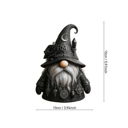 Gothic Gnome Figurine in Resin with Crescent-Marked Hat, Rose and Pentagram Details and 15 x 10cm Size