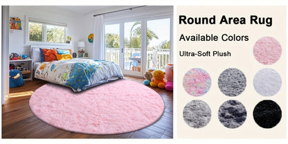 Area Rug, Round Shaggy Plush Carpet in Seven Colors and 4-, 5- or 6-Foot Diameters with Spot-Clean Care