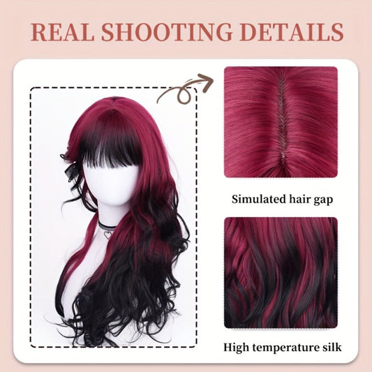Long Curly Wig Black Red Highlights 28 Inch Wavy Synthetic Rose Net Cap Glamorous Voluminous Hair for Women Cosplay Party Halloween Daily Wear Fashion Statement