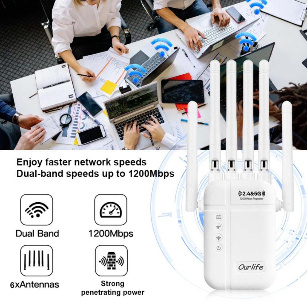 WiFi Range Extender Ourlife 1300Mbps Dual-Band 2.4/5GHz with Six Antennas and Five Color Configurations