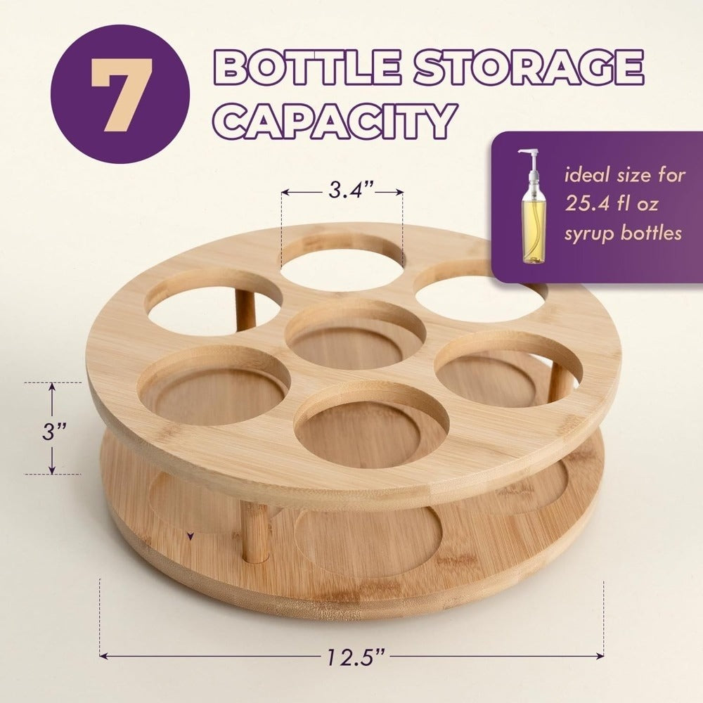 360 Rotating Bamboo Coffee Syrup Organizer 7-Bottle Holder Rack – Countertop Spice Condiment Storage Stand for Kitchen Bar Home Office Desktop Easy Assembly Scratch-Proof Base