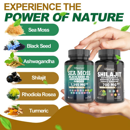 Sea Moss & Shilajit Capsules Bundle Set – Sports Nutrition Dual Formula for Energy, Bone Support, Relaxation & Focus – Super Golden Combination Daily Wellness Supplement for Men & Women