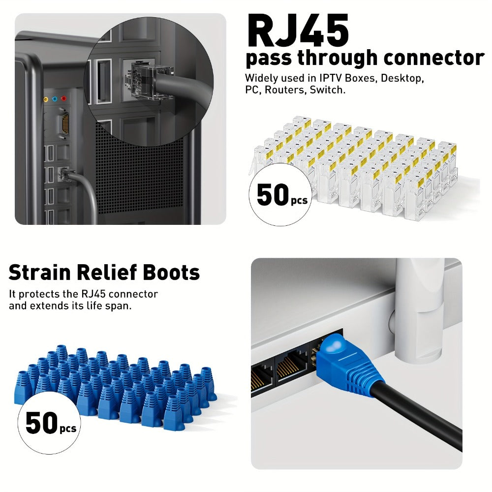 RJ45 Pass-Through Crimping Tool Kit with Cable Tester, Wire Stripper, Pliers and 50 Connectors