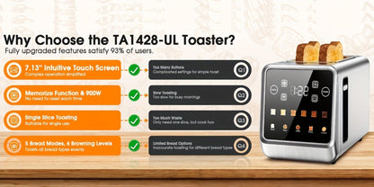 900W Two-Slice Touchscreen Toaster with Five Bread Modes, Six Shade Settings, Memory and Stainless Finish
