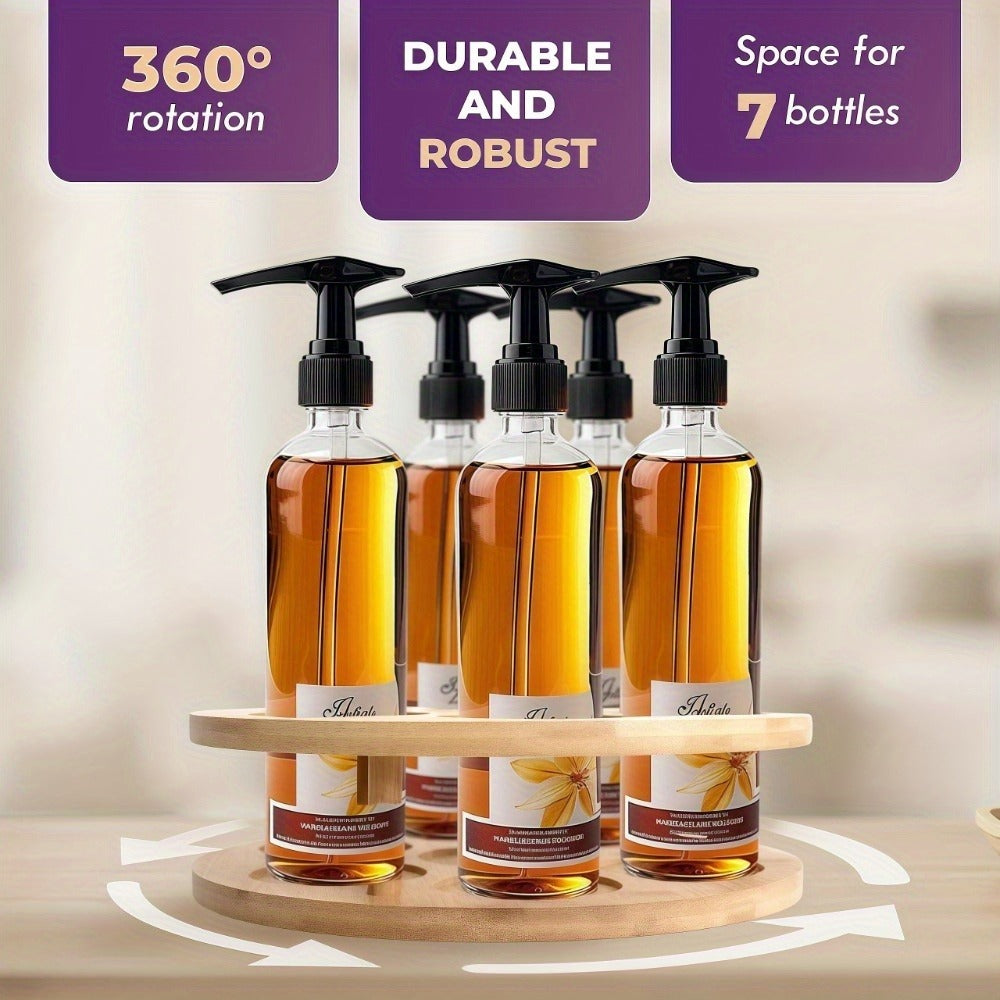 360 Rotating Bamboo Coffee Syrup Organizer 7-Bottle Holder Rack – Countertop Spice Condiment Storage Stand for Kitchen Bar Home Office Desktop Easy Assembly Scratch-Proof Base