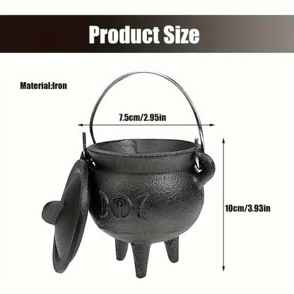Cast Iron Cauldron with Lid & Handle, Witchcraft Incense Burner, Spell Ritual Pot, Halloween Decor