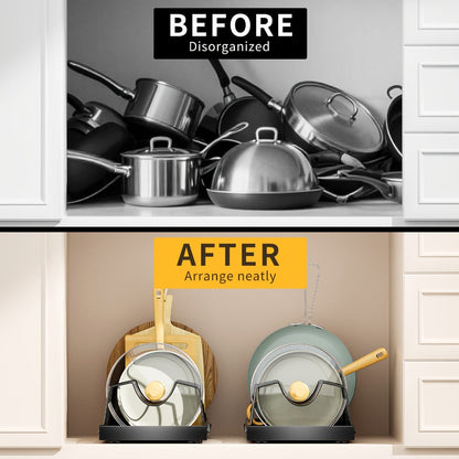 Pull-Out Pot and Pan Organizer with Sliding Cabinet Base, Eight Adjustable Dividers and One- or Two-Pack Options