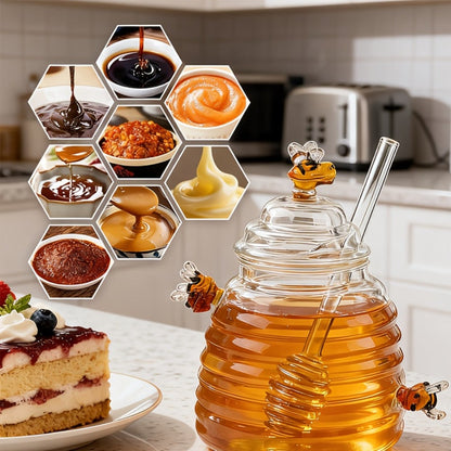 Glass Honeycomb Honey Jar with Lid and Stirrer | 480ml High Borosilicate Transparent Storage Container for Home Kitchen Wedding Party