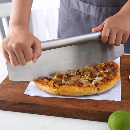 Half-Moon Rocker Kitchen Knife with Cylindrical Top Handle and Black Perforated Blade Cover