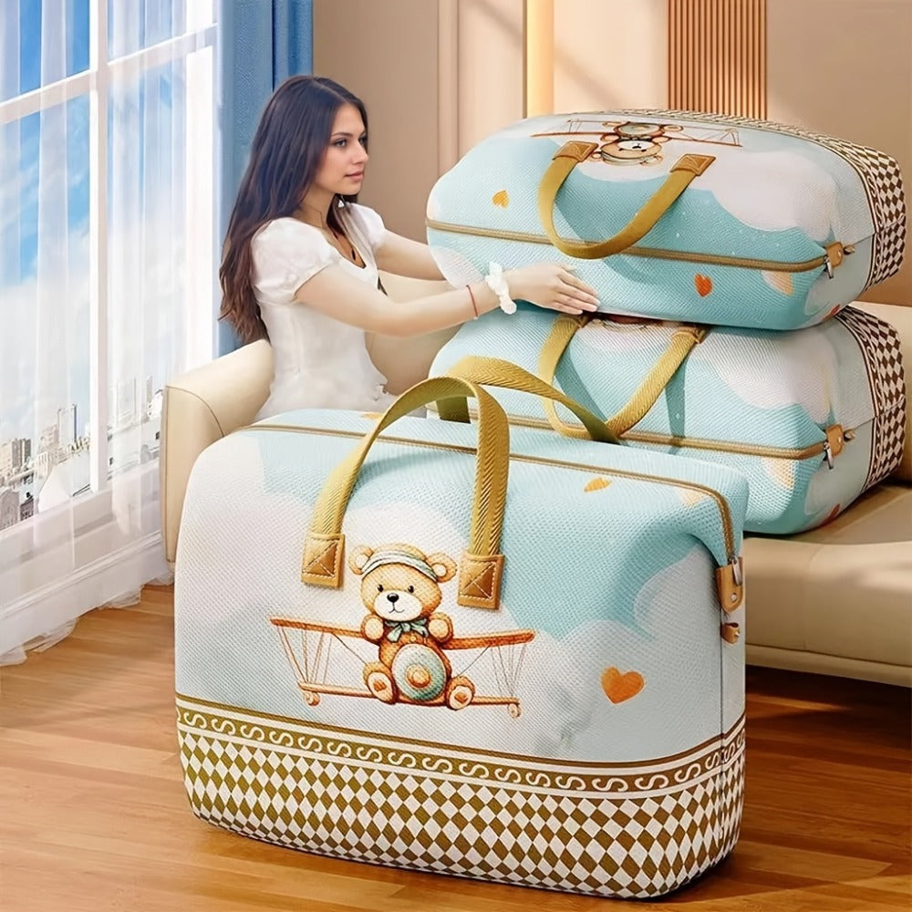 Large Zippered Bedding Storage Bag with Airplane Bear Print, Carry Handles and Exact One-Piece Size Option