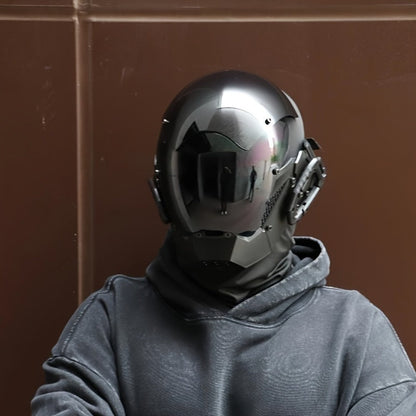 Black Reflective Cyberpunk Costume Mask with Full-Face Visor, Mechanical Side Details and Adjustable Rear Straps