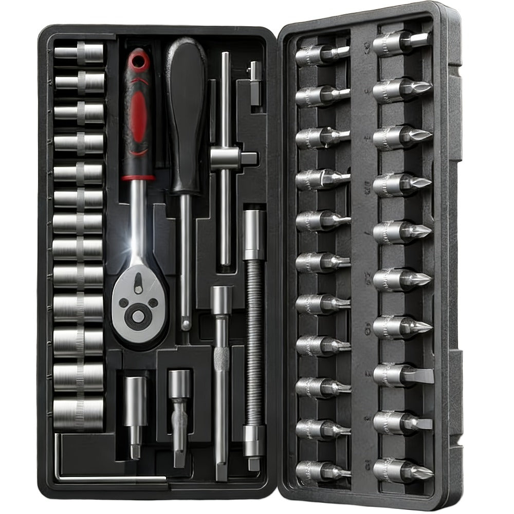 Torx Star Bit Socket Set 34/46-Piece - 3/8" Drive CR-V E-Socket E4-E20, T10-T60, Tamper-Proof TT10-TT55, S2 Steel, 5/16"F to 3/8"M Adapter, Storage Case - For Car, Truck & Home Improvement