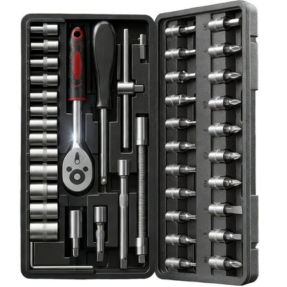 Torx Star Bit Socket Set 34/46-Piece - 3/8" Drive CR-V E-Socket E4-E20, T10-T60, Tamper-Proof TT10-TT55, S2 Steel, 5/16"F to 3/8"M Adapter, Storage Case - For Car, Truck & Home Improvement