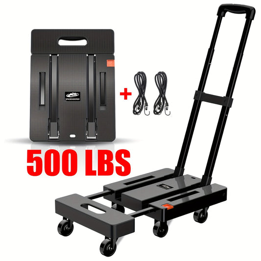 Folding Hand Truck Dolly 500LB Heavy Duty, Collapsible Luggage Cart with 6 Wheels & 2 Elastic Straps for Moving, Travel, Shopping, Office & Warehouse
