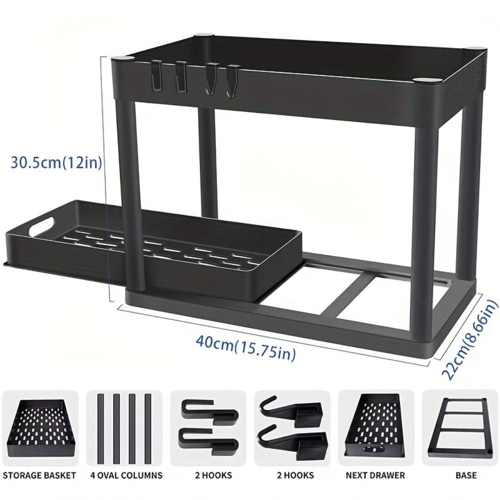 Under Sink Storage Organizer Set of 2 with Dual-Tier Sliding Baskets and 8 Hooks in Three Colors