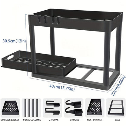 Under Sink Storage Organizer Set of 2 with Dual-Tier Sliding Baskets and 8 Hooks in Three Colors