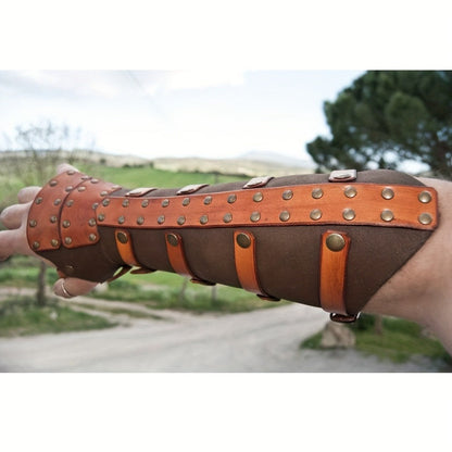 Riveted Costume Forearm Guard in Brown, Black or Coffee with Finger Loop and Buckled Strap Details