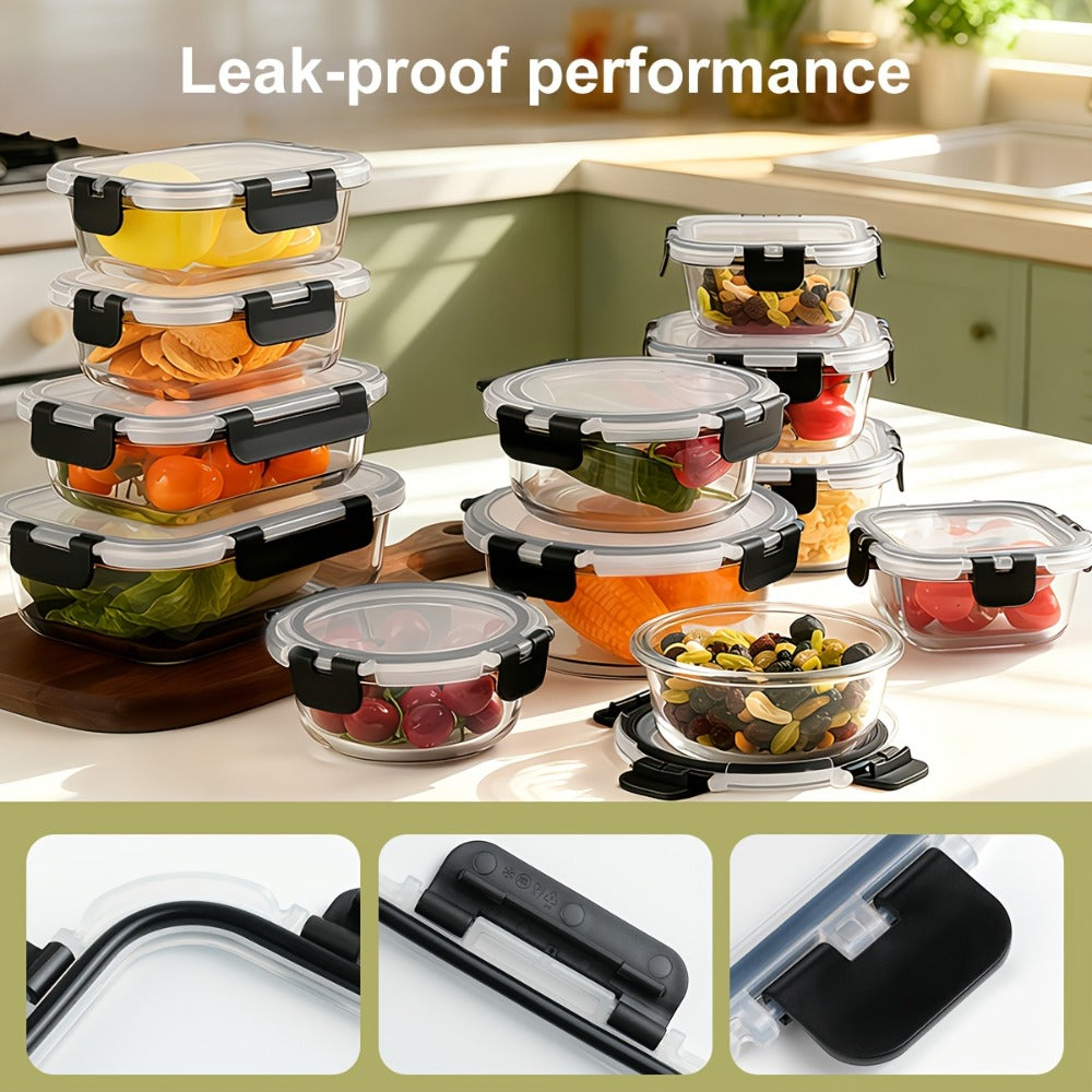 Food Storage Containers 12-Piece Glass Set with Clip-On Lids for Microwave, Oven, Freezer and Dishwasher Use