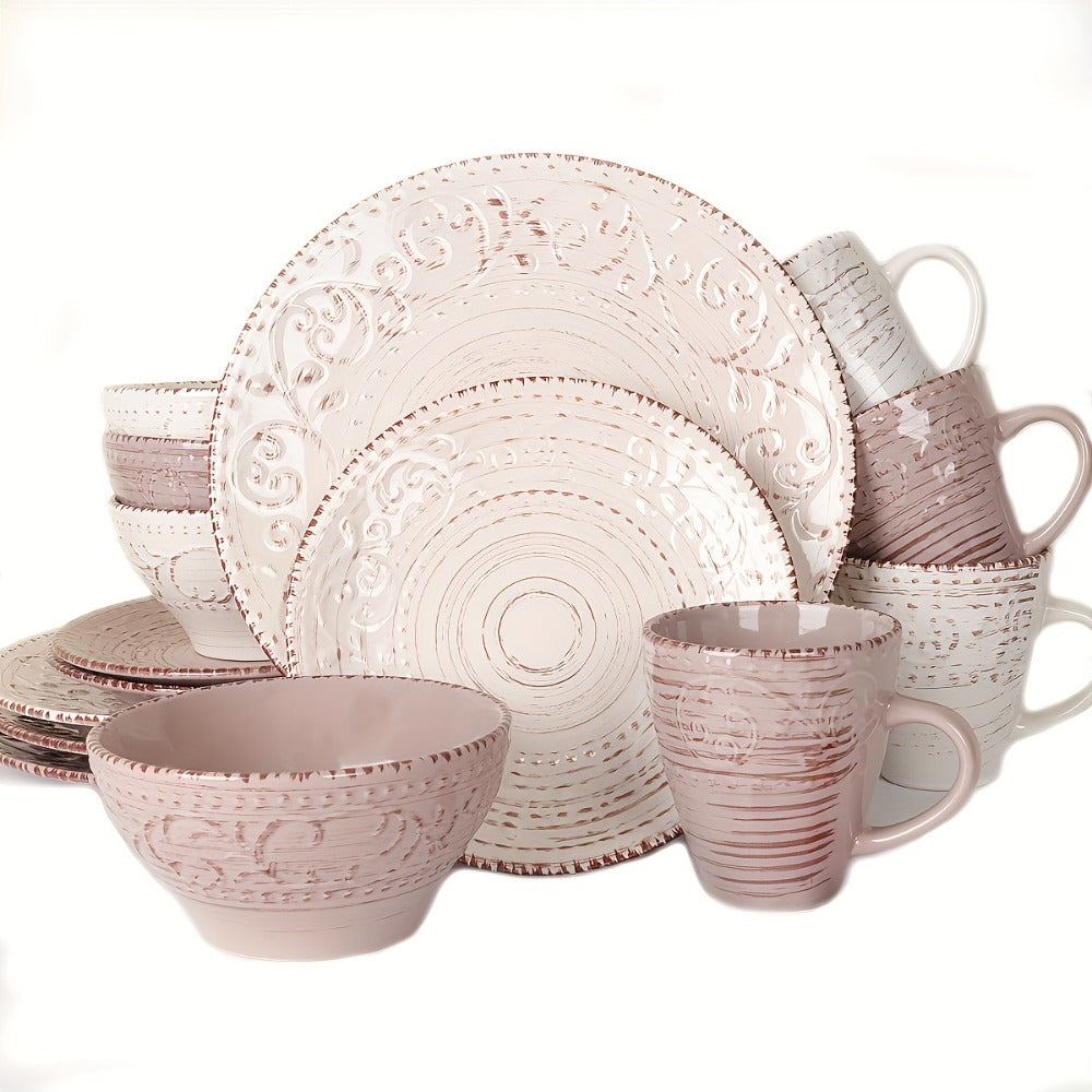 Sixteen-Piece Ceramic-Style Dinnerware Set for Four in White-Blue or Milky-White Coffee Colors