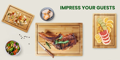 Four-Piece Bamboo Cutting Board Set with Graduated Sizes, Juice Grooves and Storage Rack Included