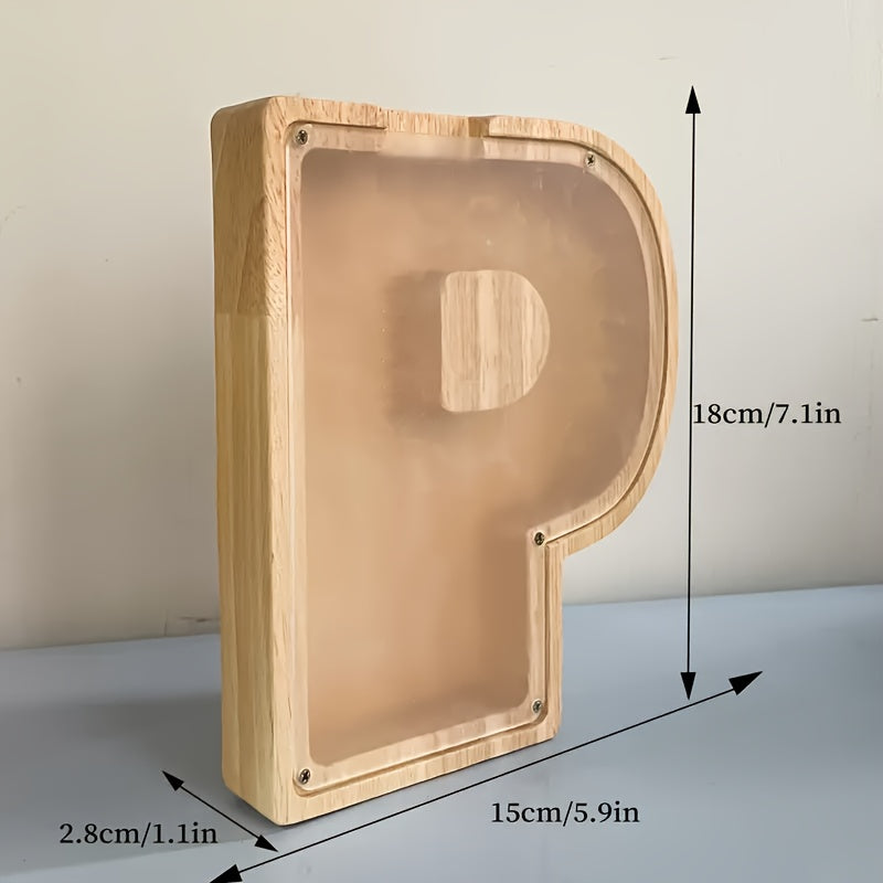 Wooden Alphabet Letter Coin Bank with Clear Front Panel, Top Slot and Eight Initial Options for Home Decor