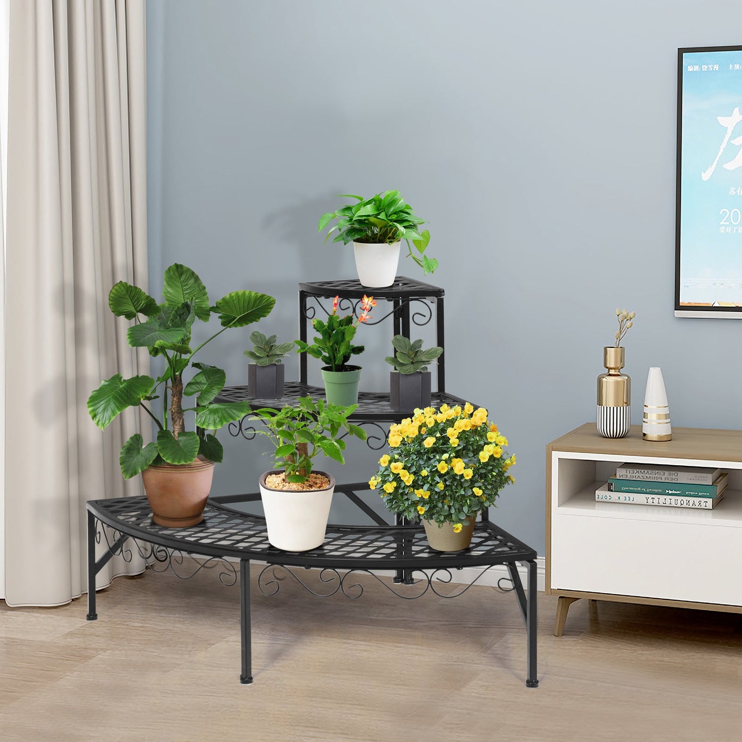 Plant Stand 3 Tier Metal Corner Ladder Shelf – Fan-Shaped Flower Rack with Non-Slip Feet for Indoor & Outdoor Patio, Balcony, Living Room Garden Display