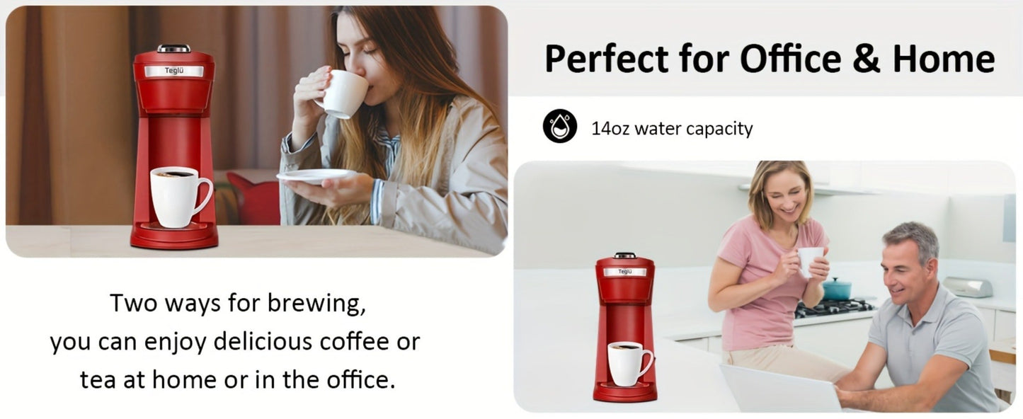 Single-Serve Coffee Maker for Pods or Grounds with 6-14oz Fill Labels, One-Button Control and Four Colors
