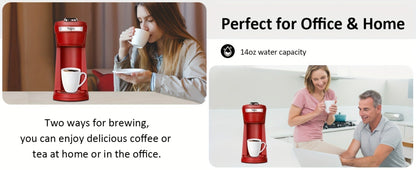 Single-Serve Coffee Maker for Pods or Grounds with 6-14oz Fill Labels, One-Button Control and Four Colors