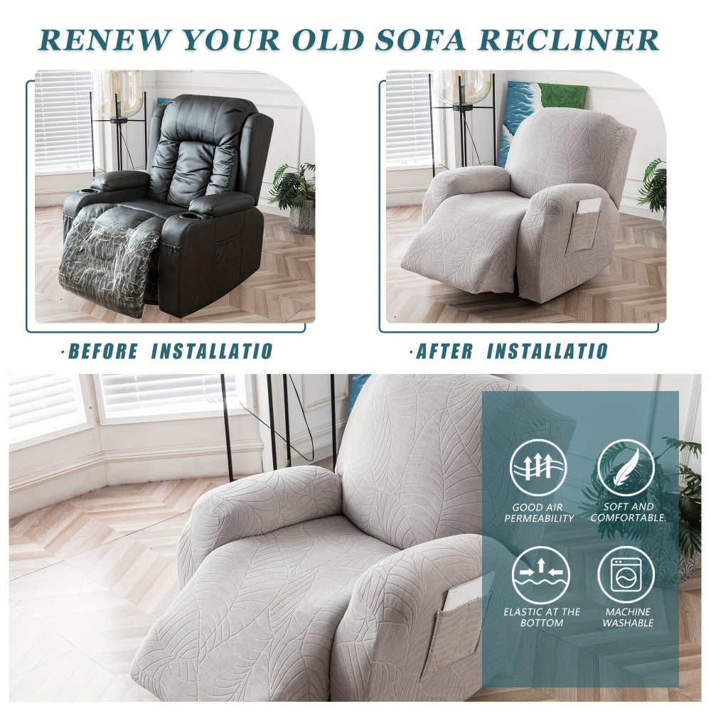 Four-Piece Recliner Chair Cover Set with Leaf Jacquard Pattern, Side Pocket and Six Color Options