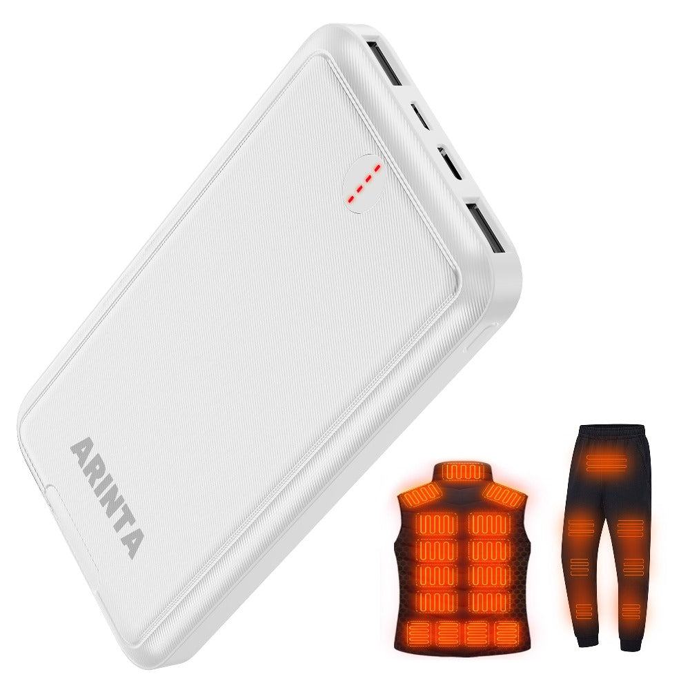 Power Bank 10000mAh 5V/2A for Heated Clothing with USB-C Input/Output in Black or White Battery Pack
