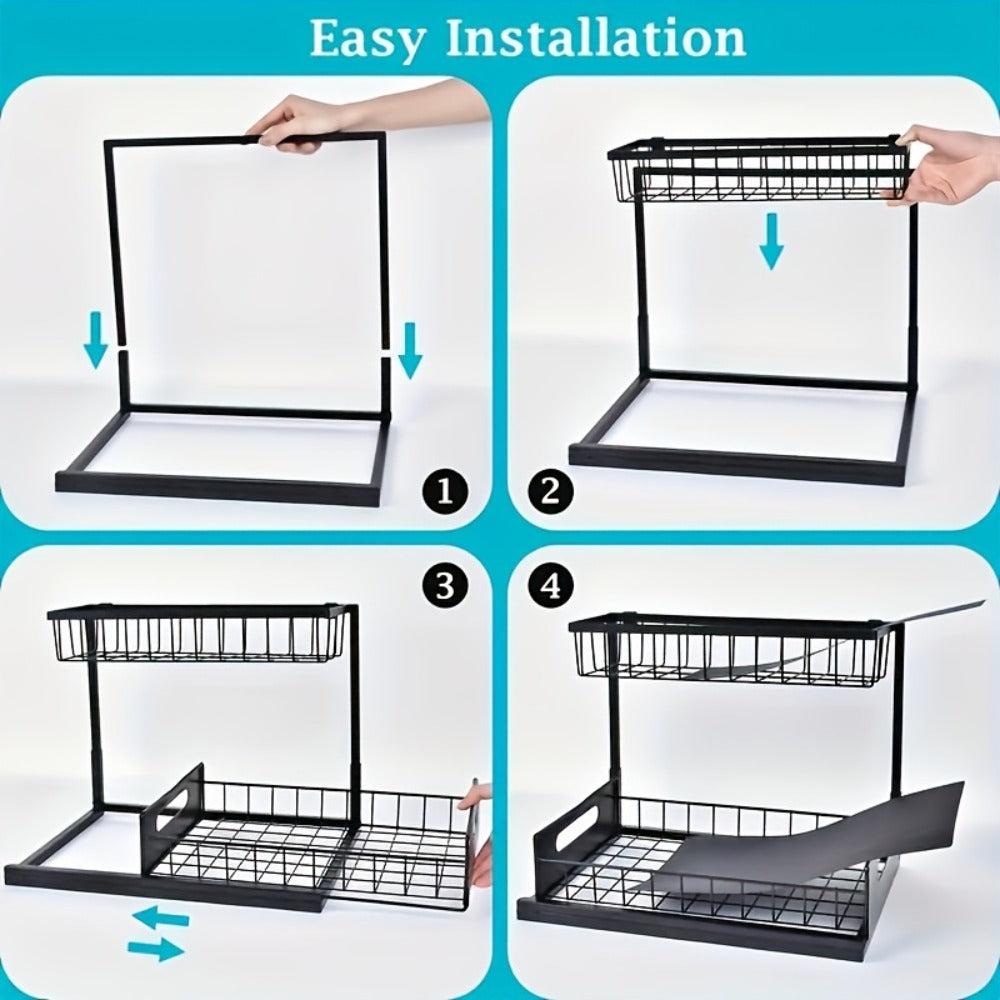 Two-Tier Pull-Out Under-Sink Cabinet Organizer with Six Exact Black, White or Grey Pack Options