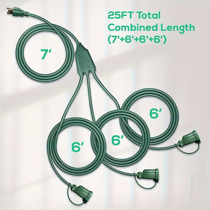 One-to-Three Extension Cord Splitter with 25- or 50-Foot Green and Black Grounded Configurations