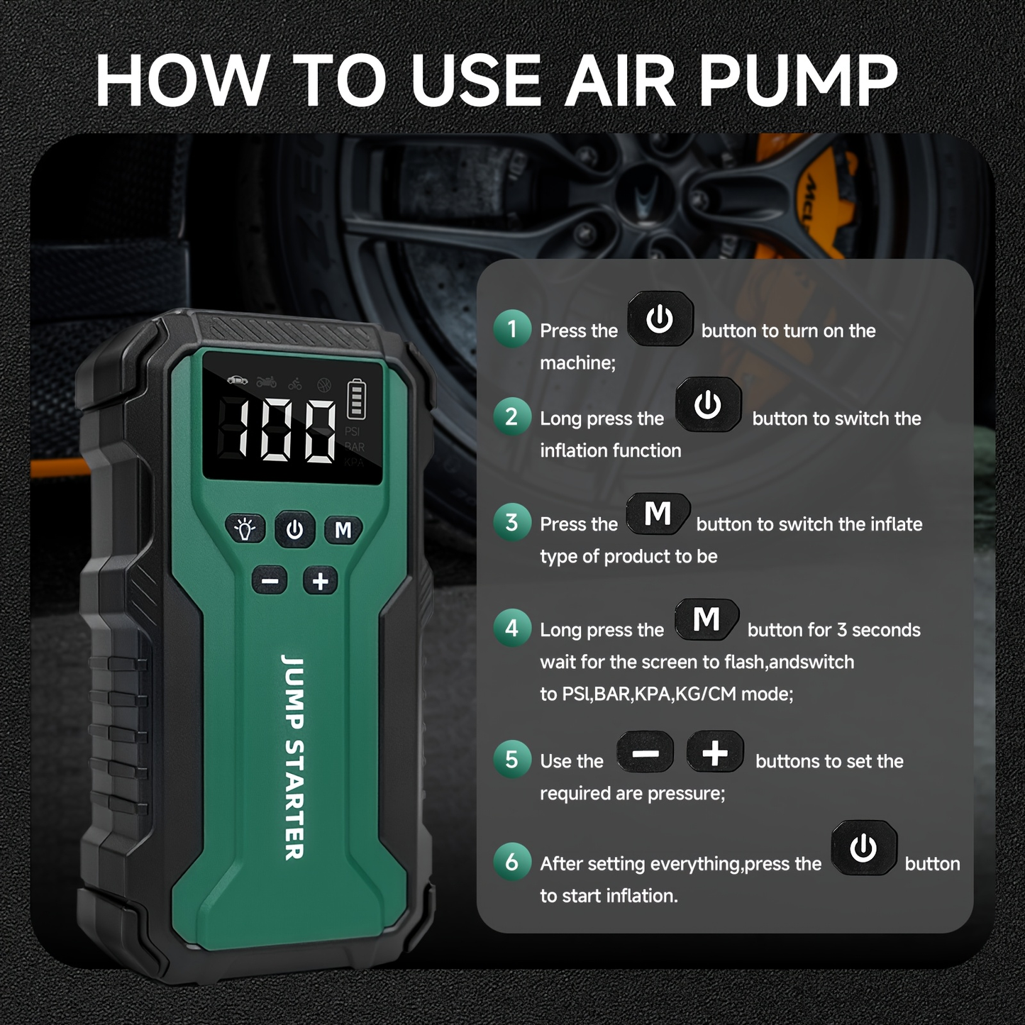10000A Car Jump Starter with 12V Clamps, LED Light and Optional Integrated Air Pump in Red, Green or Gray
