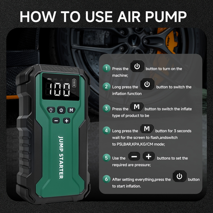 10000A Car Jump Starter with 12V Clamps, LED Light and Optional Integrated Air Pump in Red, Green or Gray