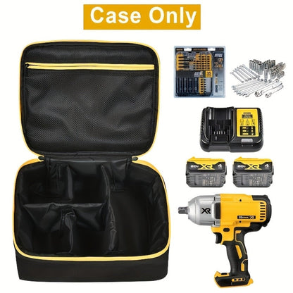 Tool Bag for Dewalt Cordless Router DCW600B XTR01Z - Heavy Duty Fabric Organizer with Mesh Pockets, Battery Holder, Charger Compartment, Drill Bit Storage, Black Yellow Trim