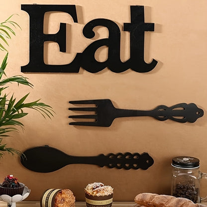 EAT Sign Wall Decor with Fork and Spoon | Rustic Wood Hanging Letters for Kitchen Dining Room | Country Farmhouse Wall Art Wooden EAT Decoration in Black