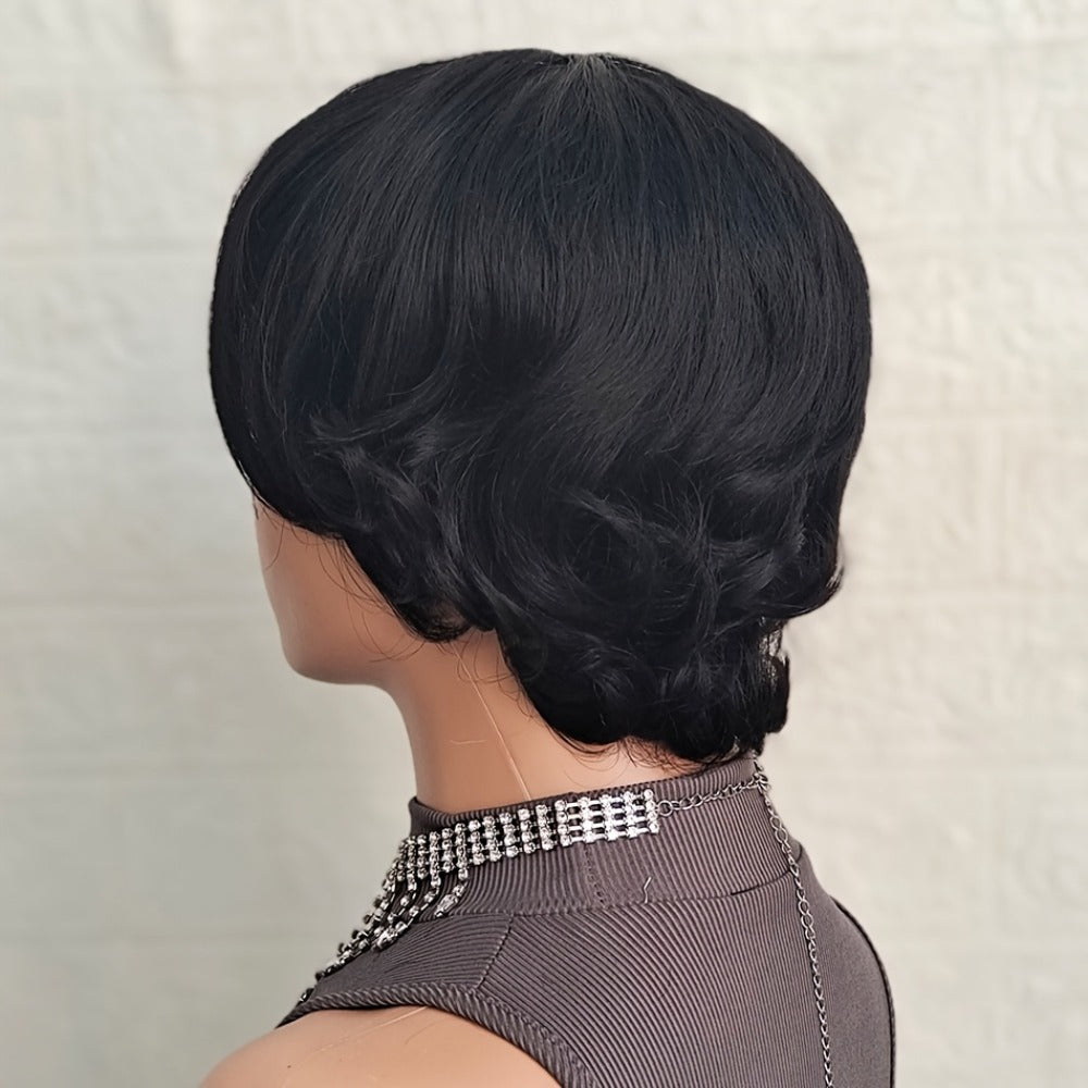 Pixie Cut Human Hair Wig with Bangs in 1B or Number 4 Color and 6 or 8 Inch Length Options