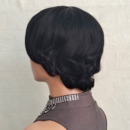 Pixie Cut Human Hair Wig with Bangs in 1B or Number 4 Color and 6 or 8 Inch Length Options
