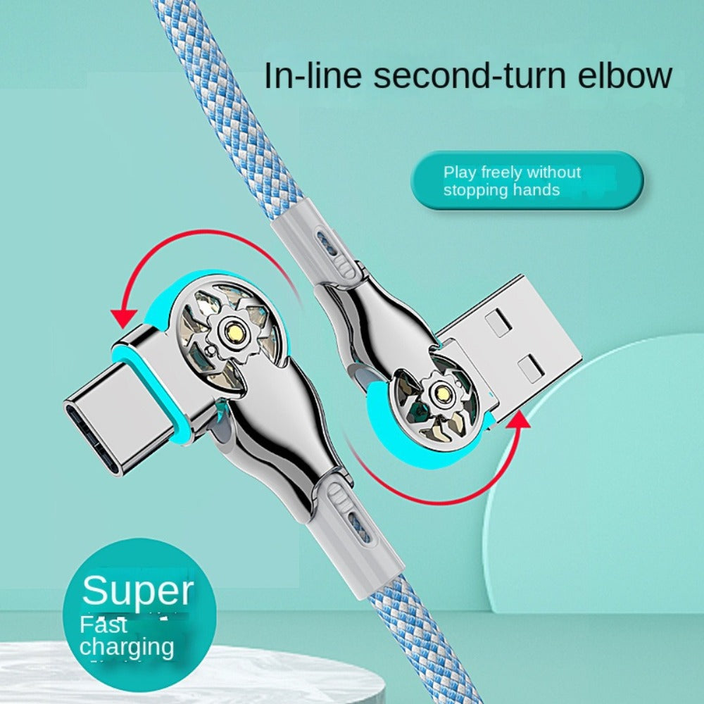 Double-Elbow USB-C to USB-C Cable with Rotating Right-Angle Connectors, Blue LED Accents and 2 m Length