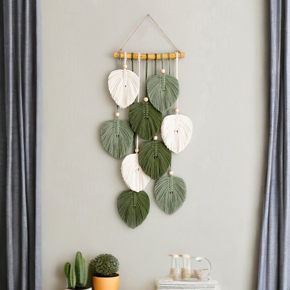 Green Leaf Macrame-Style Wall Hanging with Wooden Dowel, Beaded Cord and 21.6-Inch Listed Length