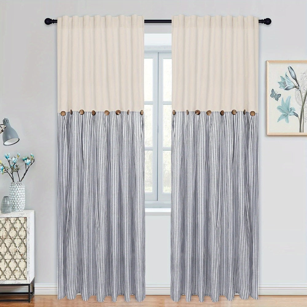 Semi Sheer Curtains Bohemian Linen Cotton Patchwork Grommet Top Window Drapes for Bedroom Living Room Kitchen Bathroom Cafe - Boho Country Cottage Style 4 Seasons 1 or 2 Panels