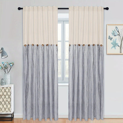 Semi Sheer Curtains Bohemian Linen Cotton Patchwork Grommet Top Window Drapes for Bedroom Living Room Kitchen Bathroom Cafe - Boho Country Cottage Style 4 Seasons 1 or 2 Panels
