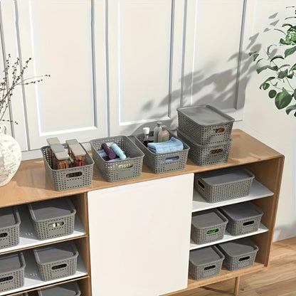 Flip-Top Lid Storage Baskets Set of 8 in White for Desktop, Documents and Shelf Organization